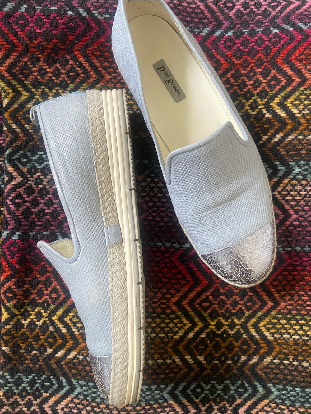 Paul Green Baby Blue Leather Slip-On Flats with Metallic Silver Toe Cap - Picture 4 of 13